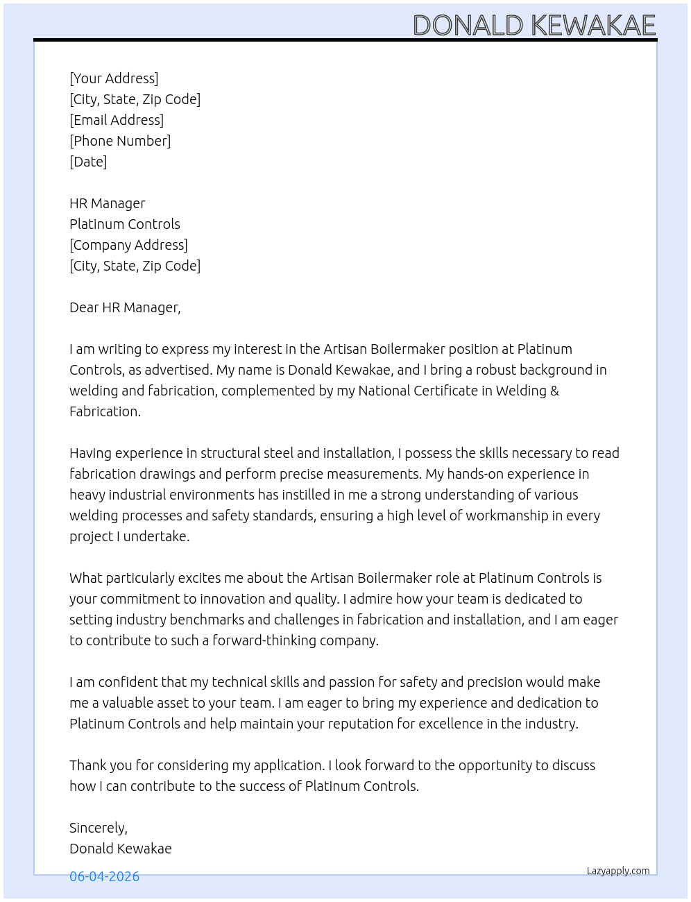 Artisan Boilermaiker At Platinum Controls Cover Letter