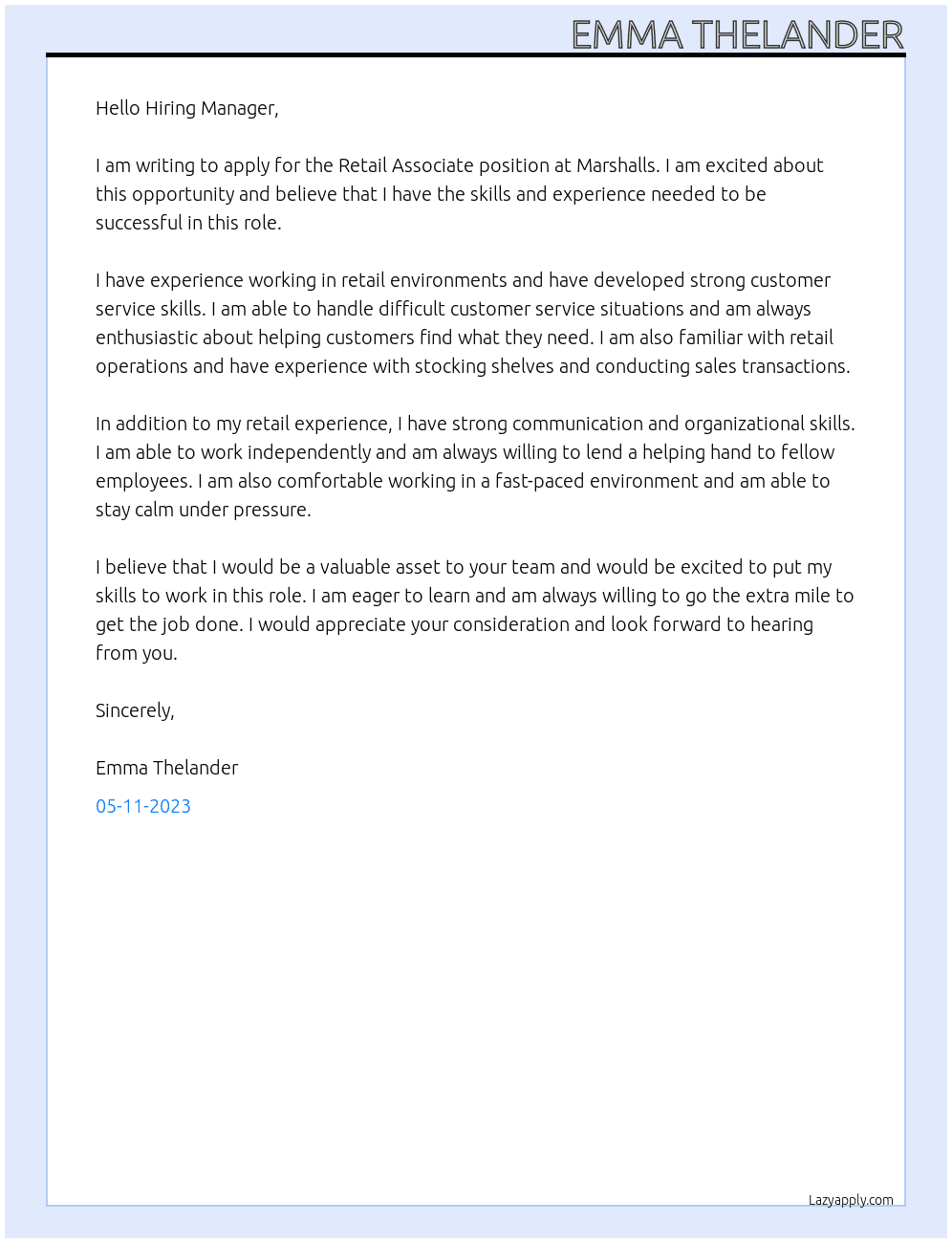 Retail Associate At Marshalls Cover Letter