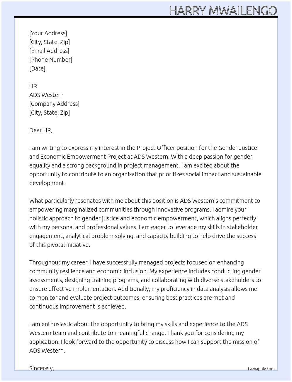Project Officer – Gender Justice and Economic Empowerment Project At ADS Western Cover Letter