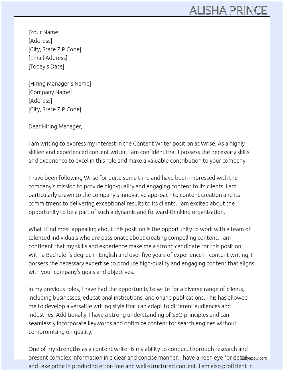 Content Writer  At Wrise  Cover Letter