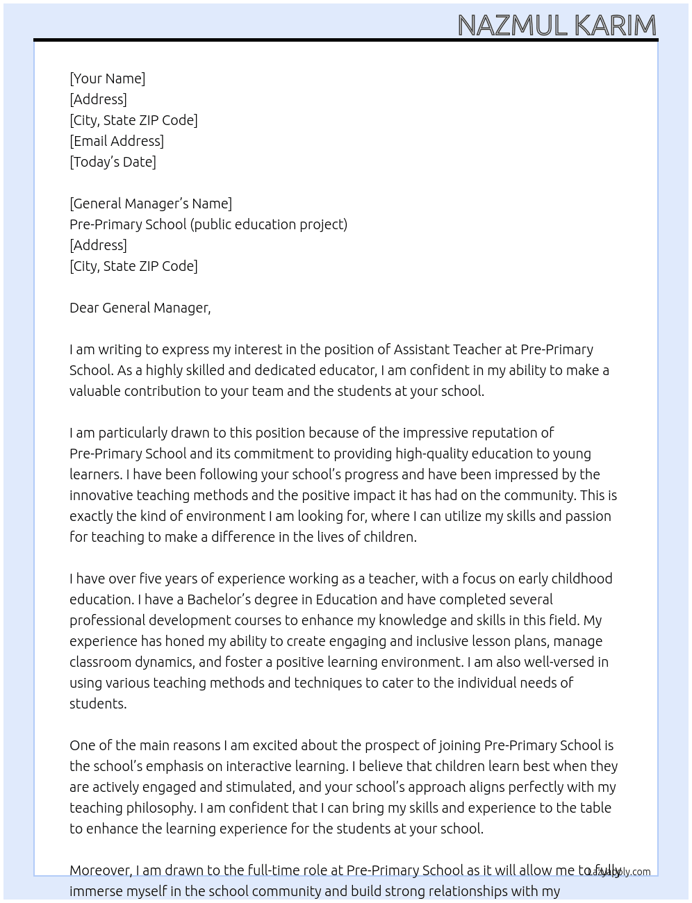 Assistant teacher  At Pre-Primary School (public education project) Cover Letter