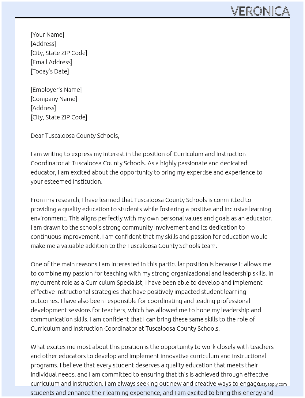 Curriculum and instruction coordinator At Tuscaloosa County Schools  Cover Letter