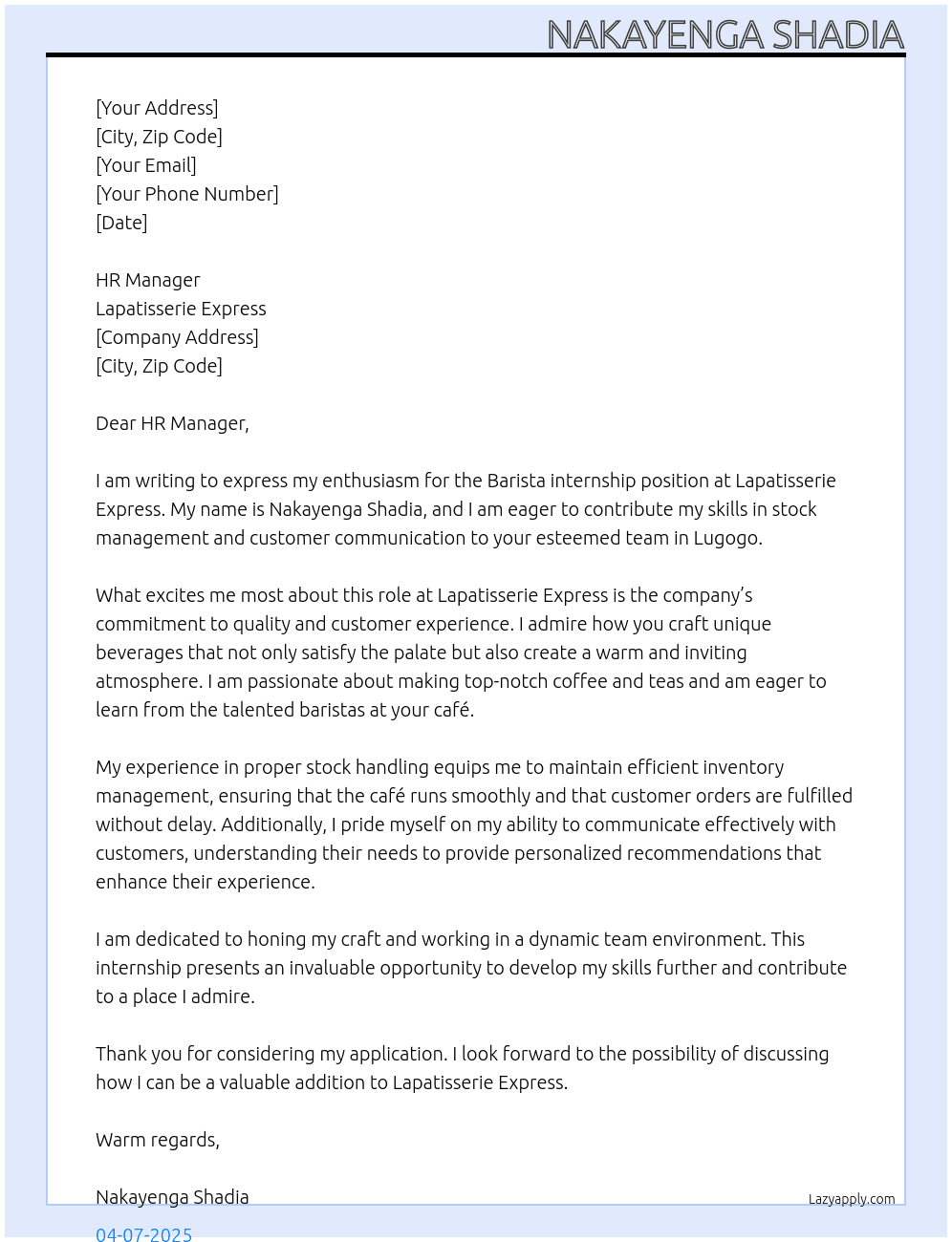 Barista At Lapatisserie Express Cover Letter
