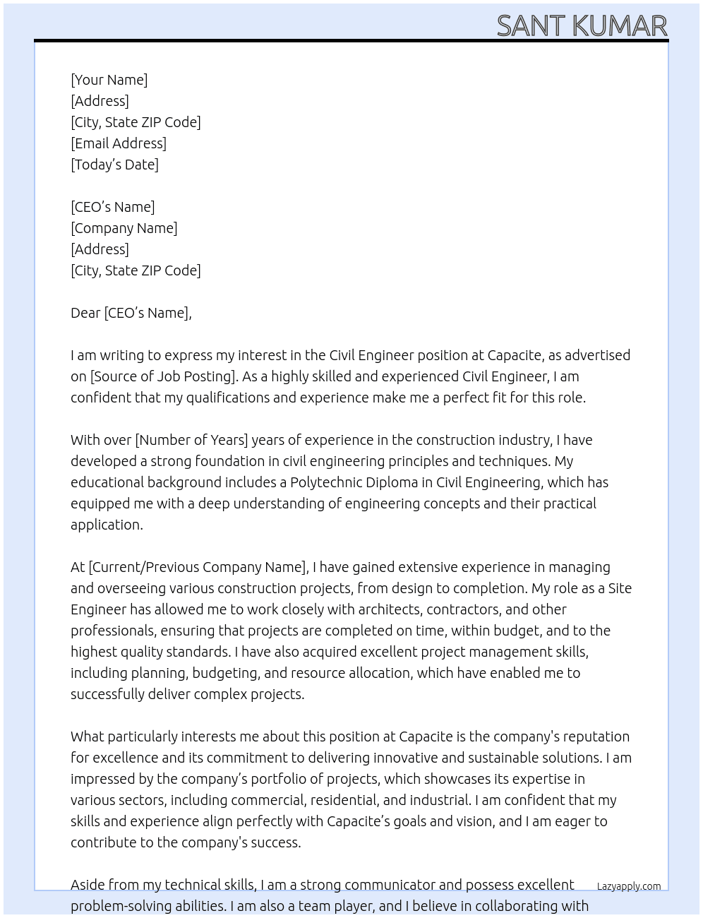 Civil Engineer At Capacite Cover Letter