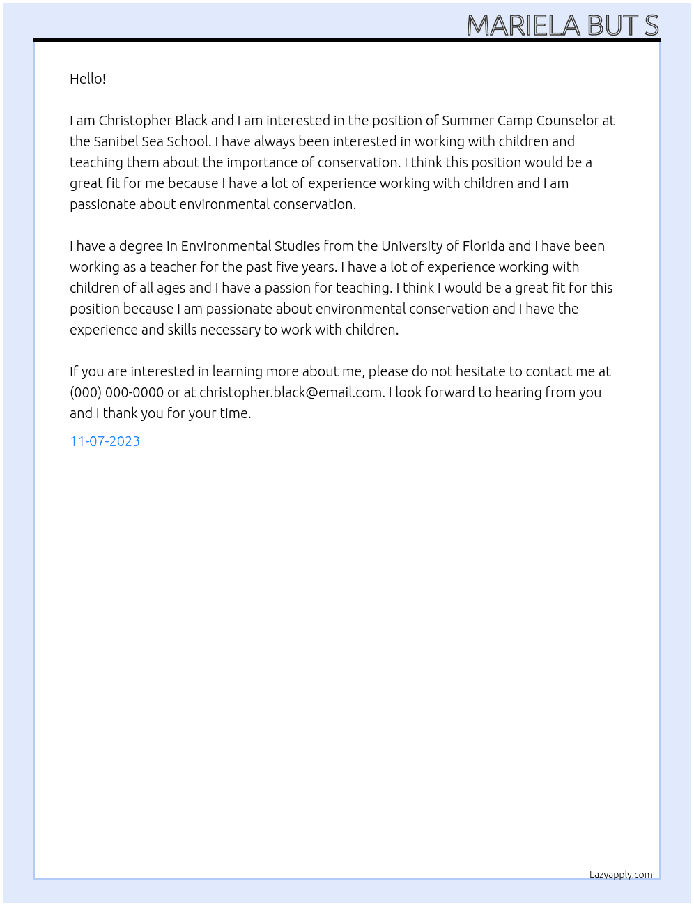 Sanibel Sea School Summer Camp Counselor At Sanibel Captiva Conservation Foundation  Cover Letter