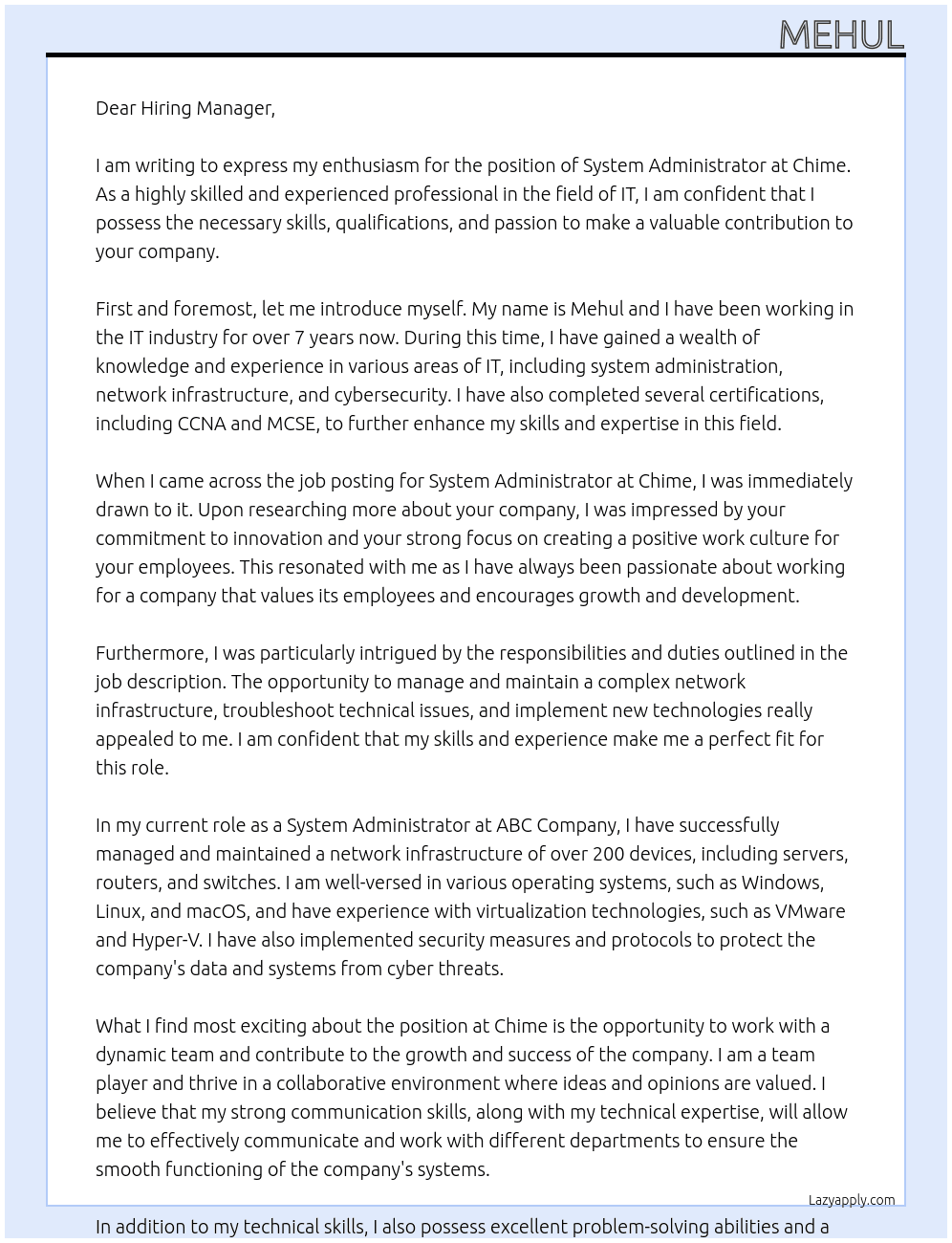 system administrator At Chime Cover Letter