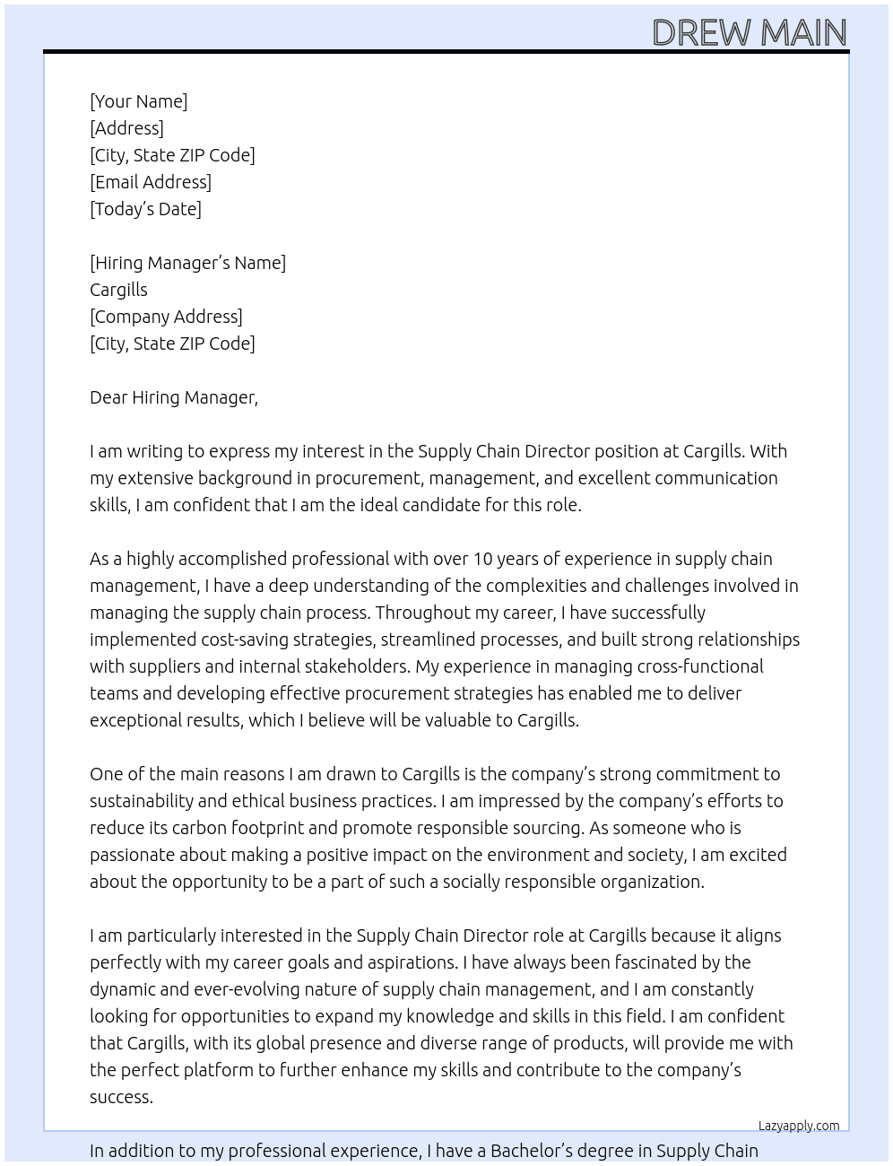 Supply CHain Director At Cargills Cover Letter