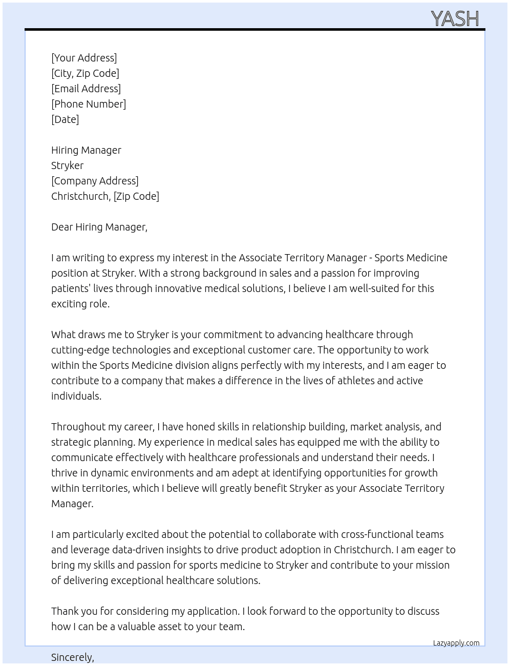 Associate Territory Manager - Sports Medicine At Stryker Cover Letter