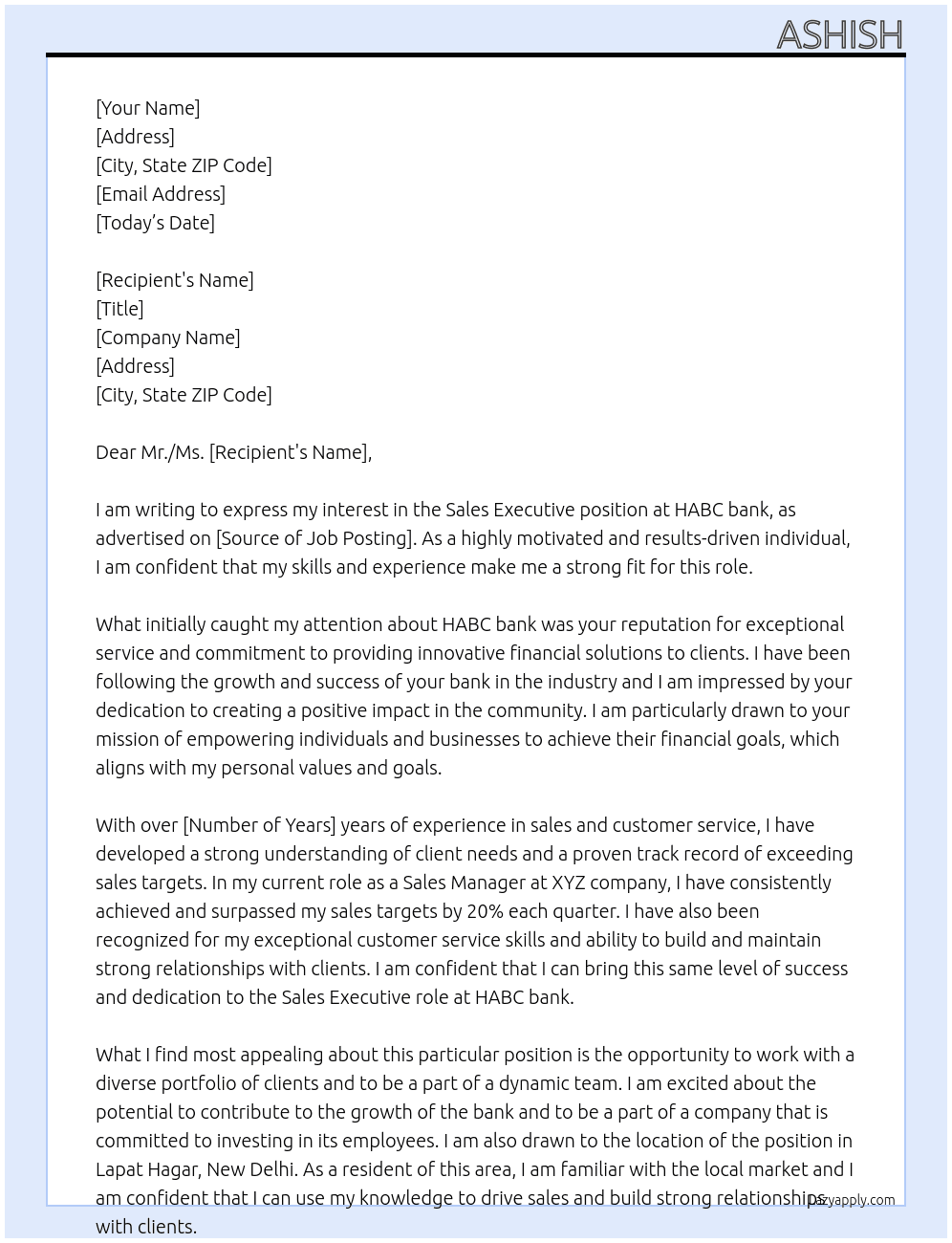 Sales executive  At HABC bank Cover Letter