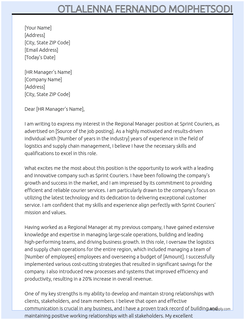 Regional Manager At Sprint Couriers Cover Letter