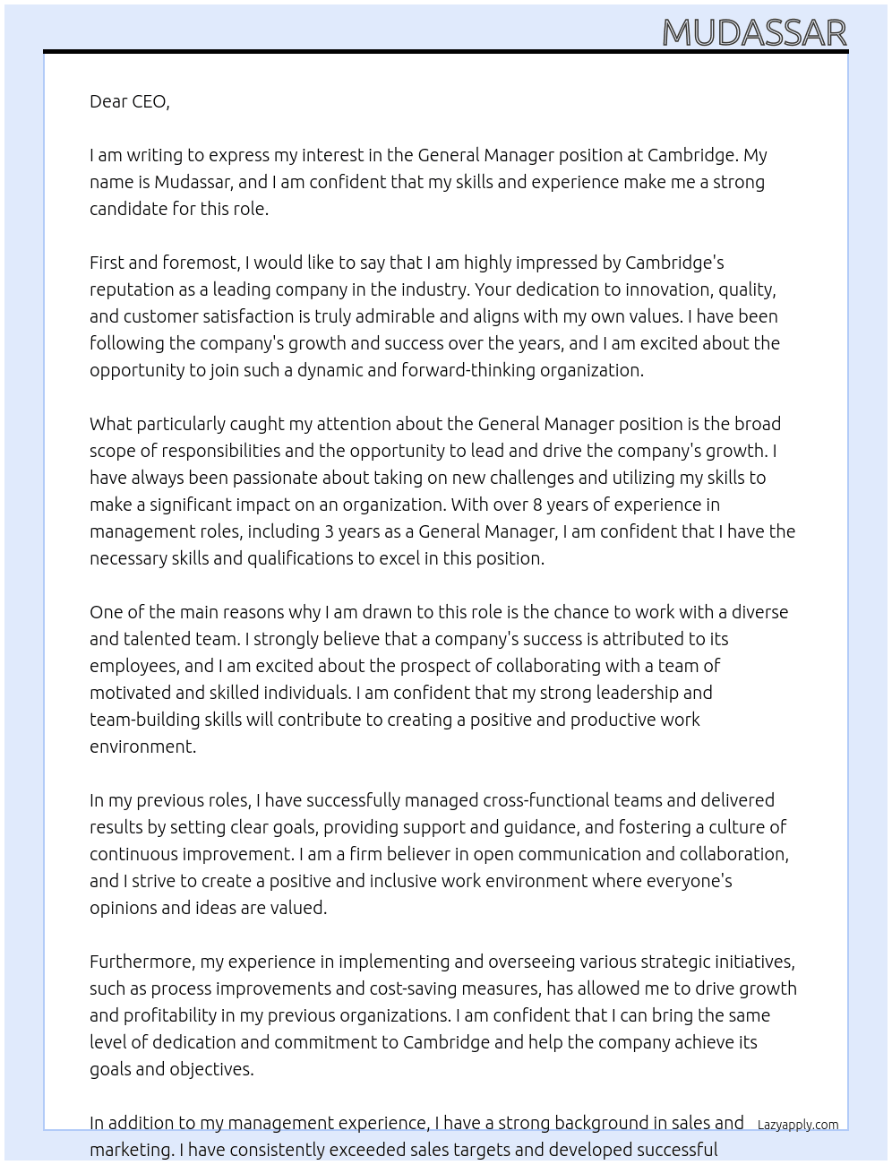 general manager At cambridge Cover Letter