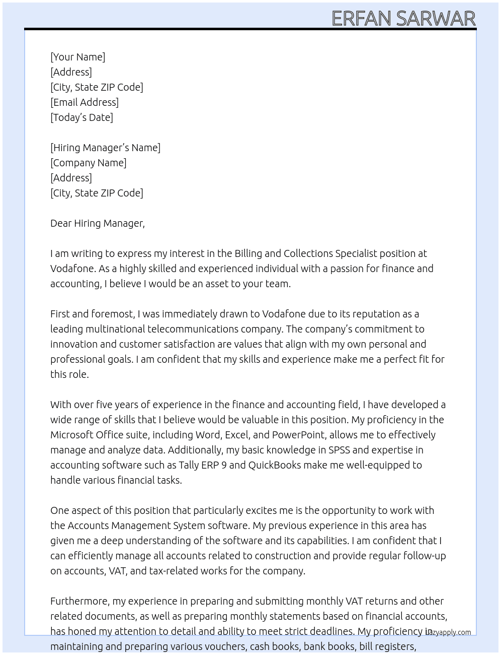 Billing and Collections Specialist At Vodafone - British multinational telecommunications company Cover Letter