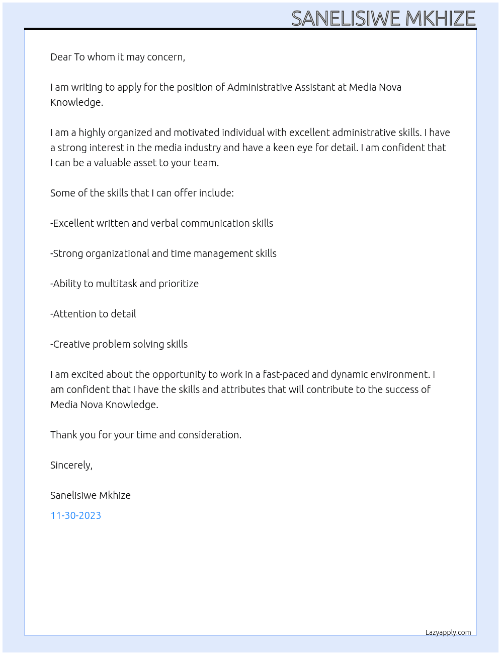 Administrative Assistant At Media Nova Knowledge Cover Letter