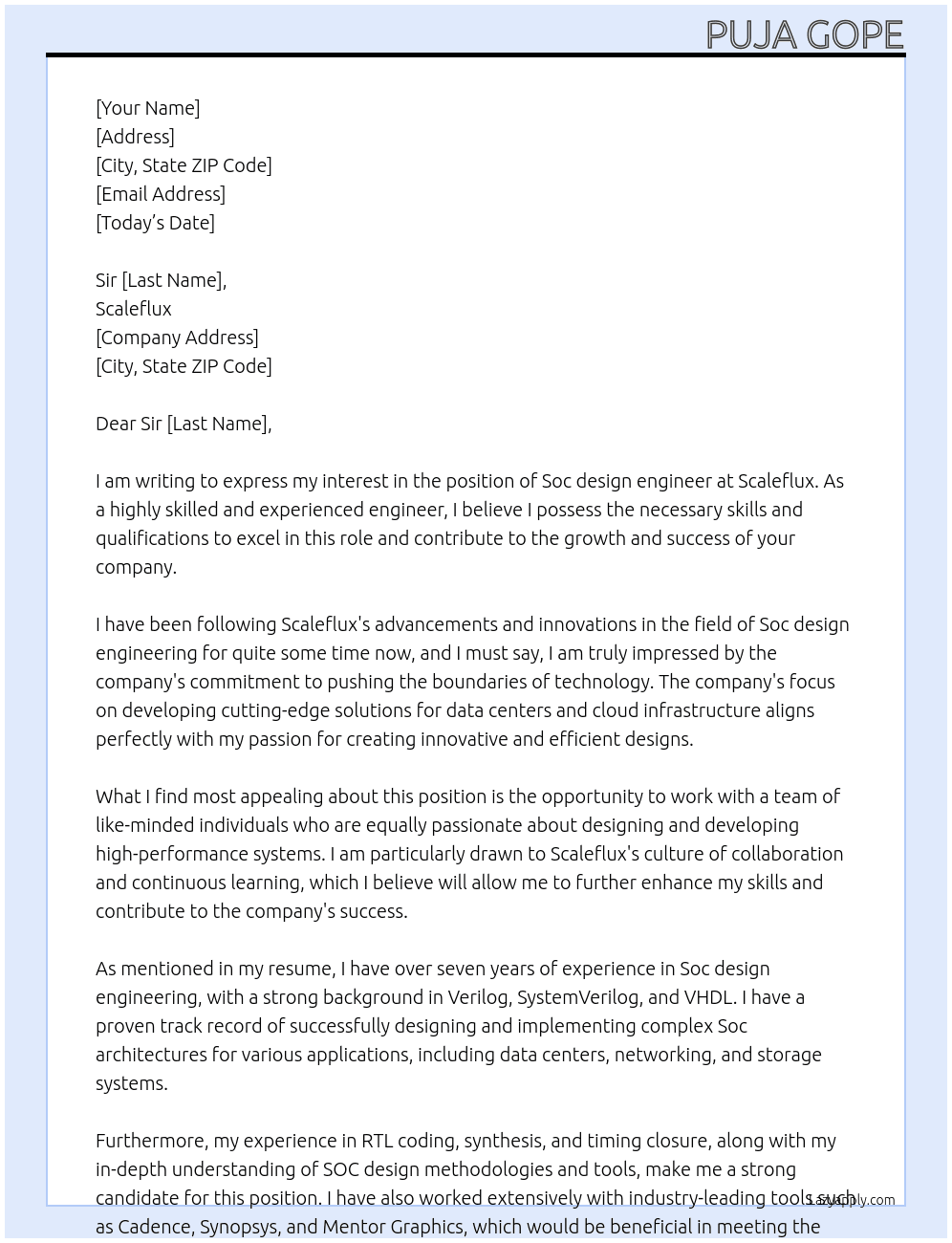 Soc design engineer  At Scaleflux  Cover Letter
