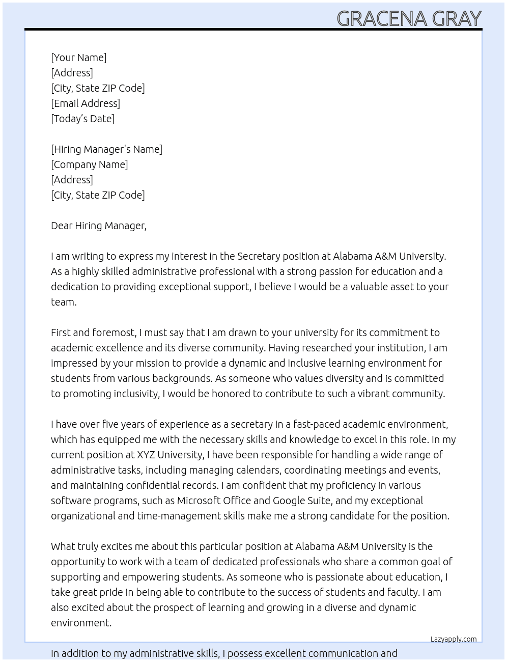 Secretary At Alabama A&M University Cover Letter