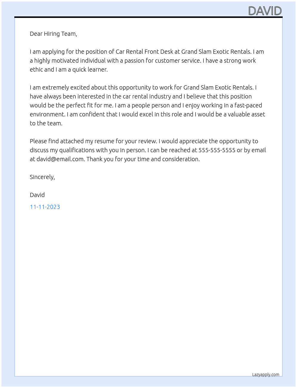 Car Rental Front Desk At Grand Slam Exotic Rentals Cover Letter