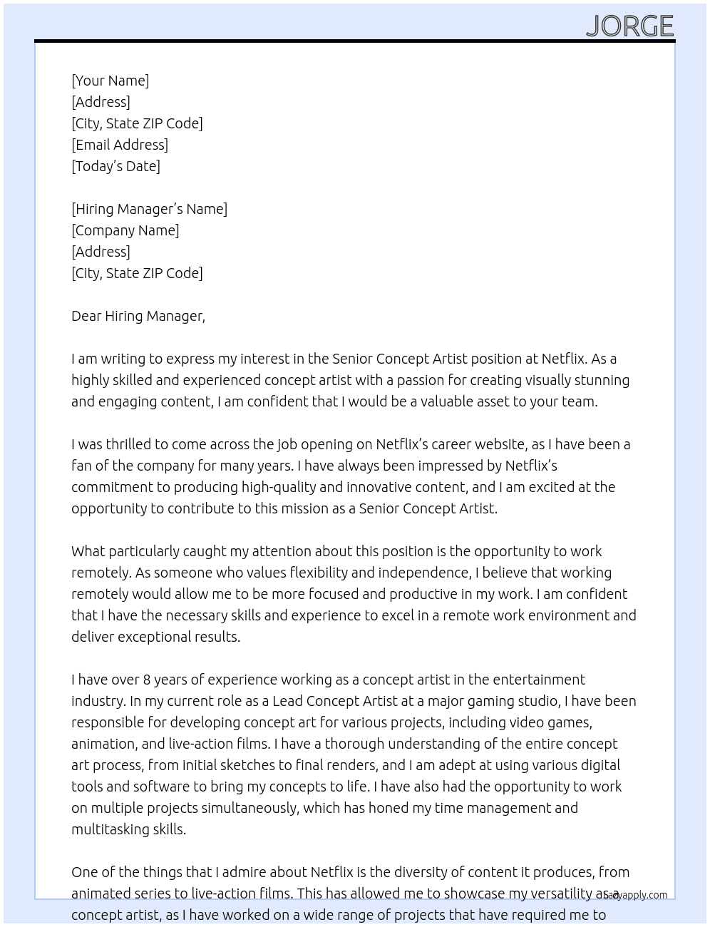 Senior concept artist  At Netflix  Cover Letter