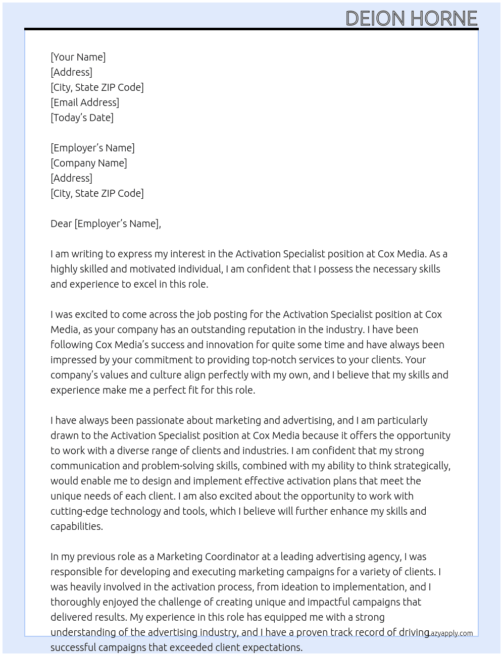 Activation Specialist At Cox Media Cover Letter