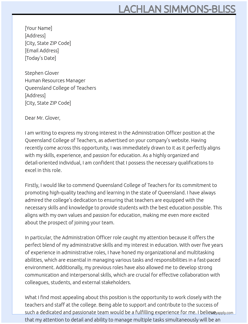 Administration Officer At Queensland College of Teachers Cover Letter