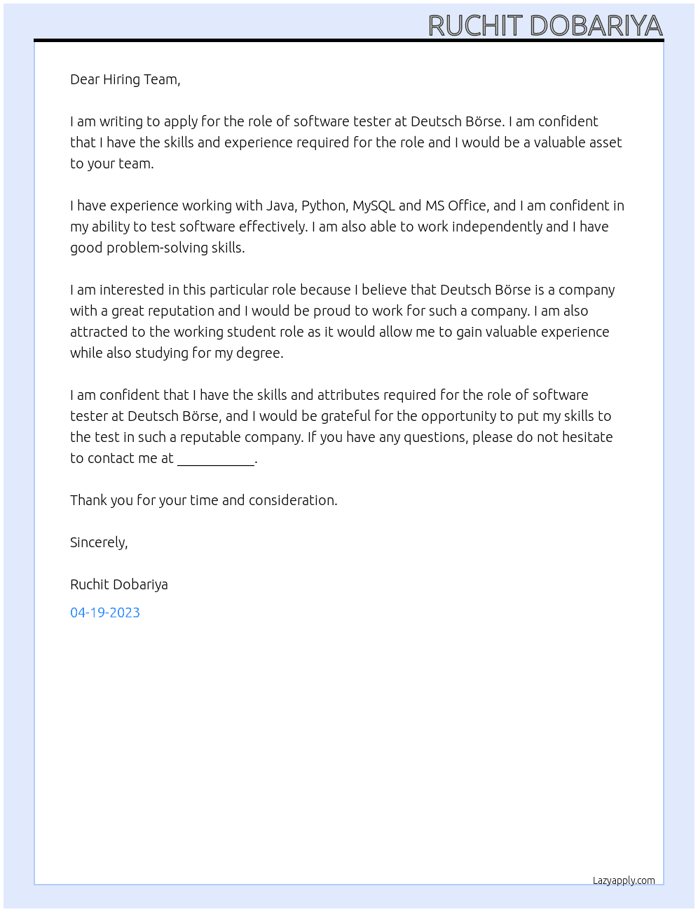 Software Tester At Deutsch Börse Cover Letter