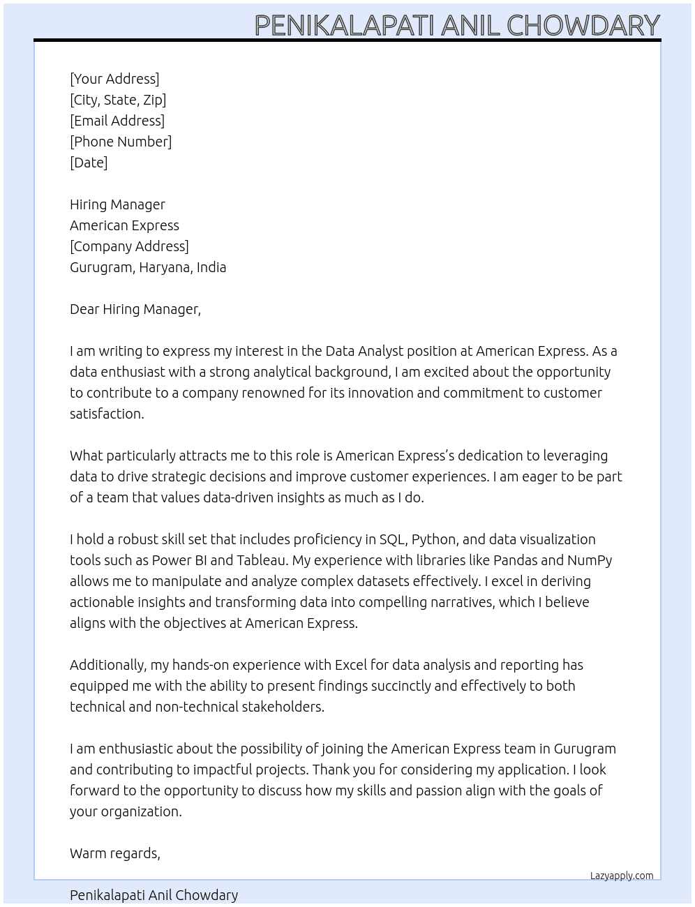 Data Analyst At American Express Cover Letter