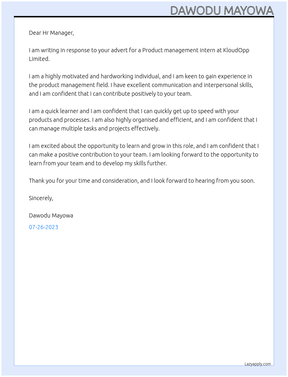 Product management intern At KloudOpp Limited Cover Letter
