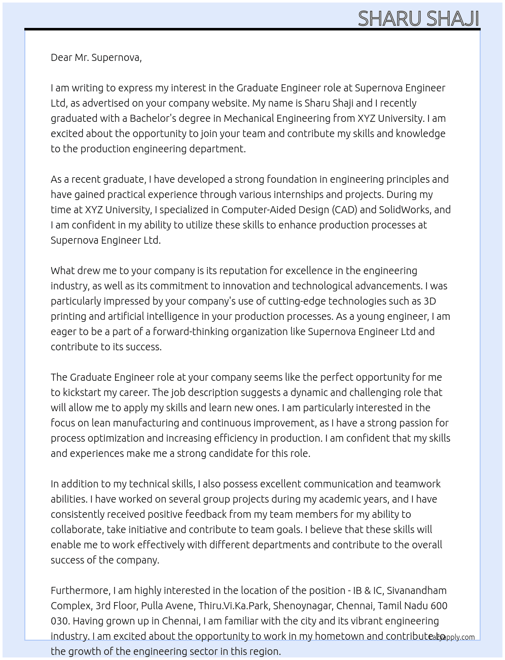Graduate engineer Ltd At Supernova engineer Ltd Cover Letter