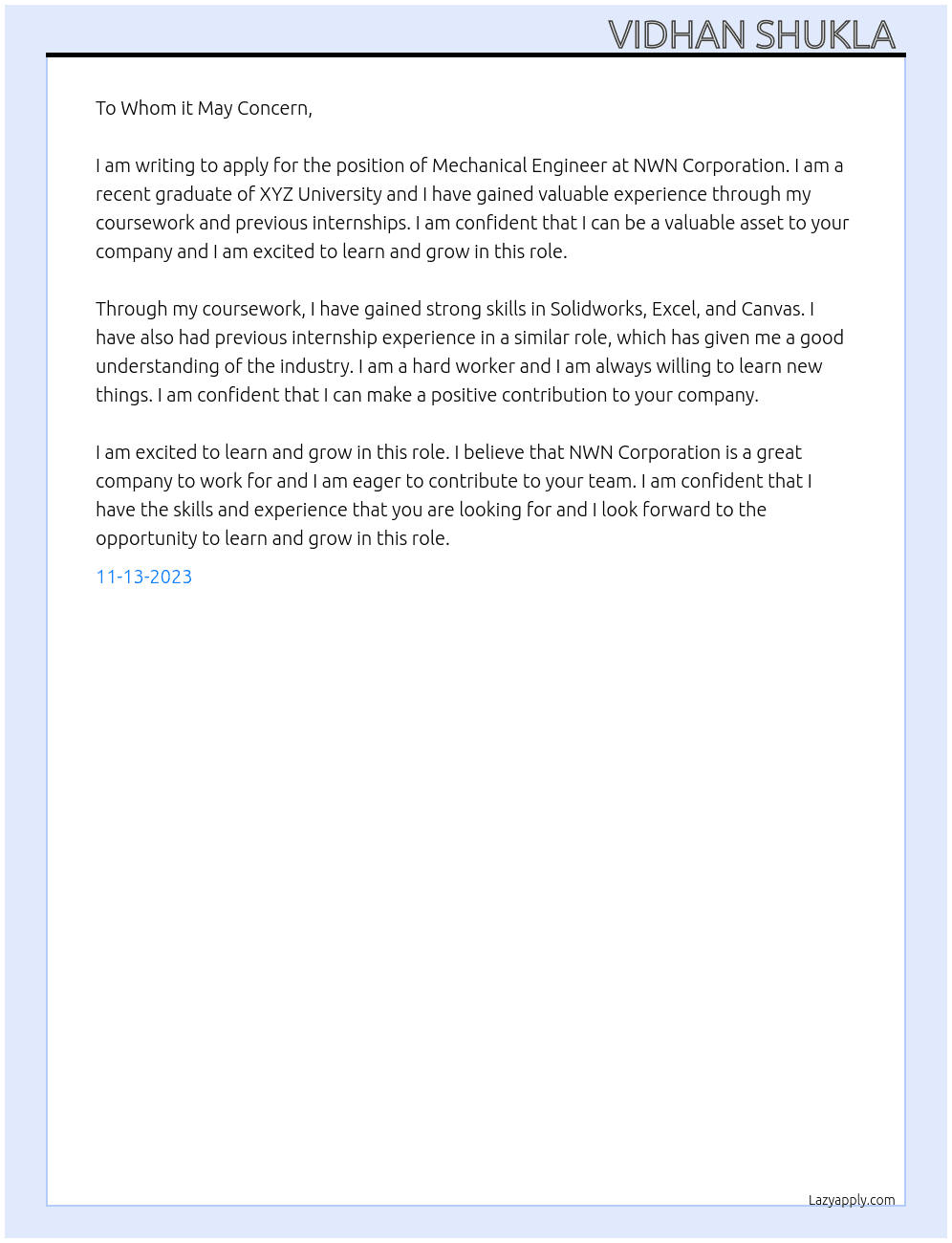 Mechanical engineer  At NWN Corporation  Cover Letter