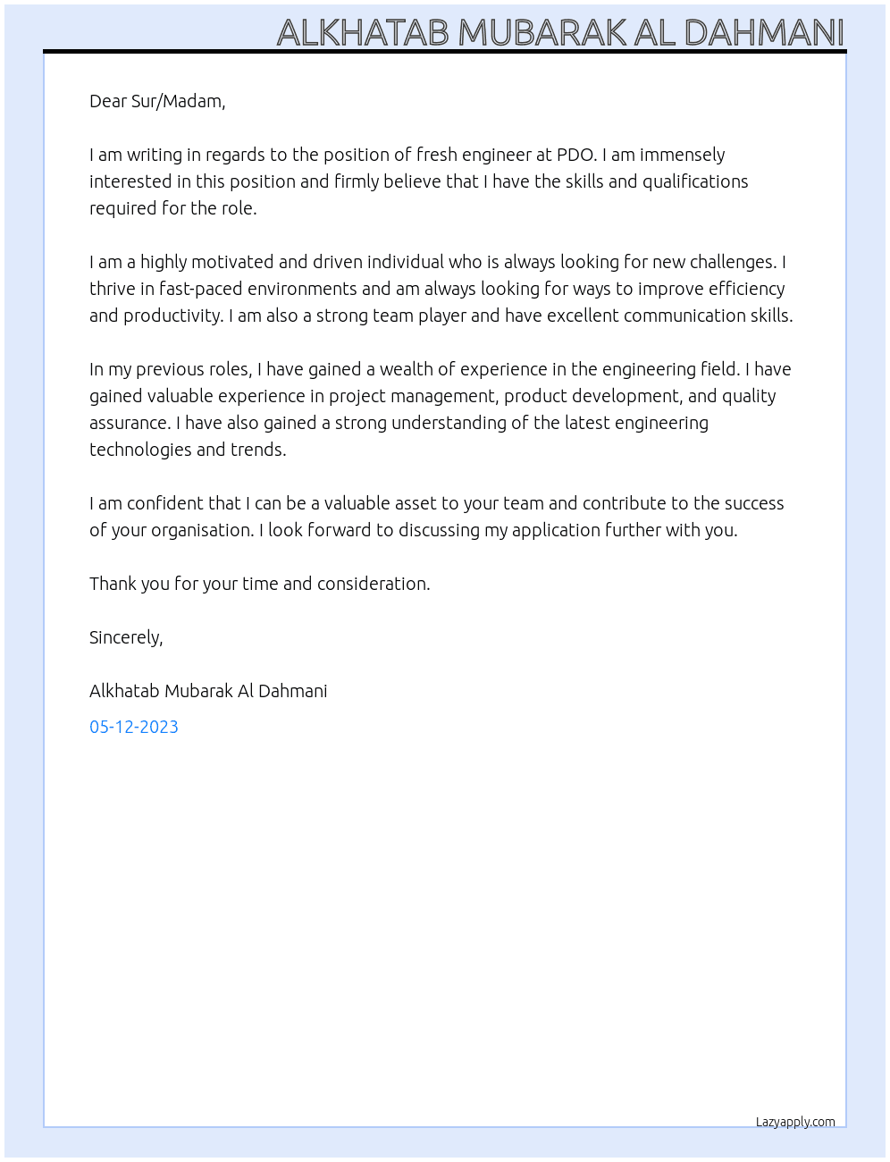 Fresh Engineer At PDO Cover Letter