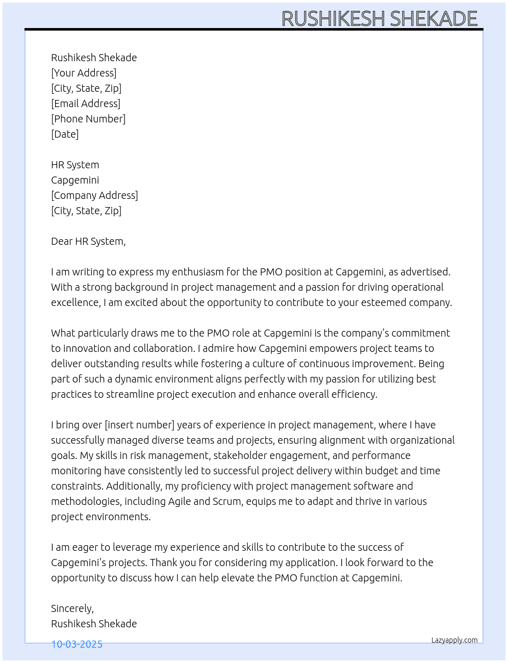PMO At Capgemini  Cover Letter