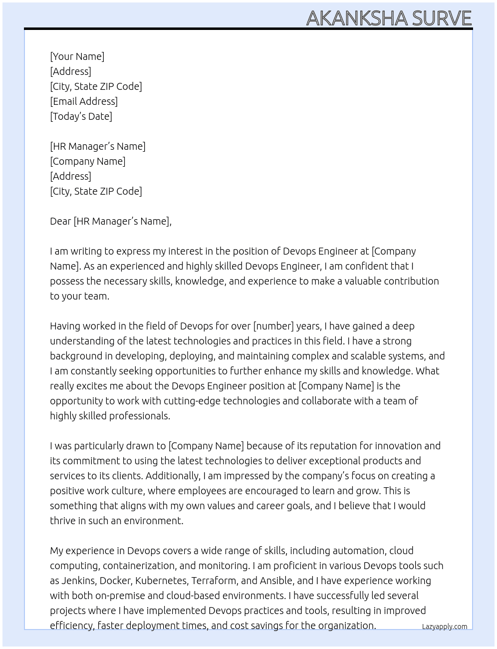 Devops Engineer At Different companies Cover Letter