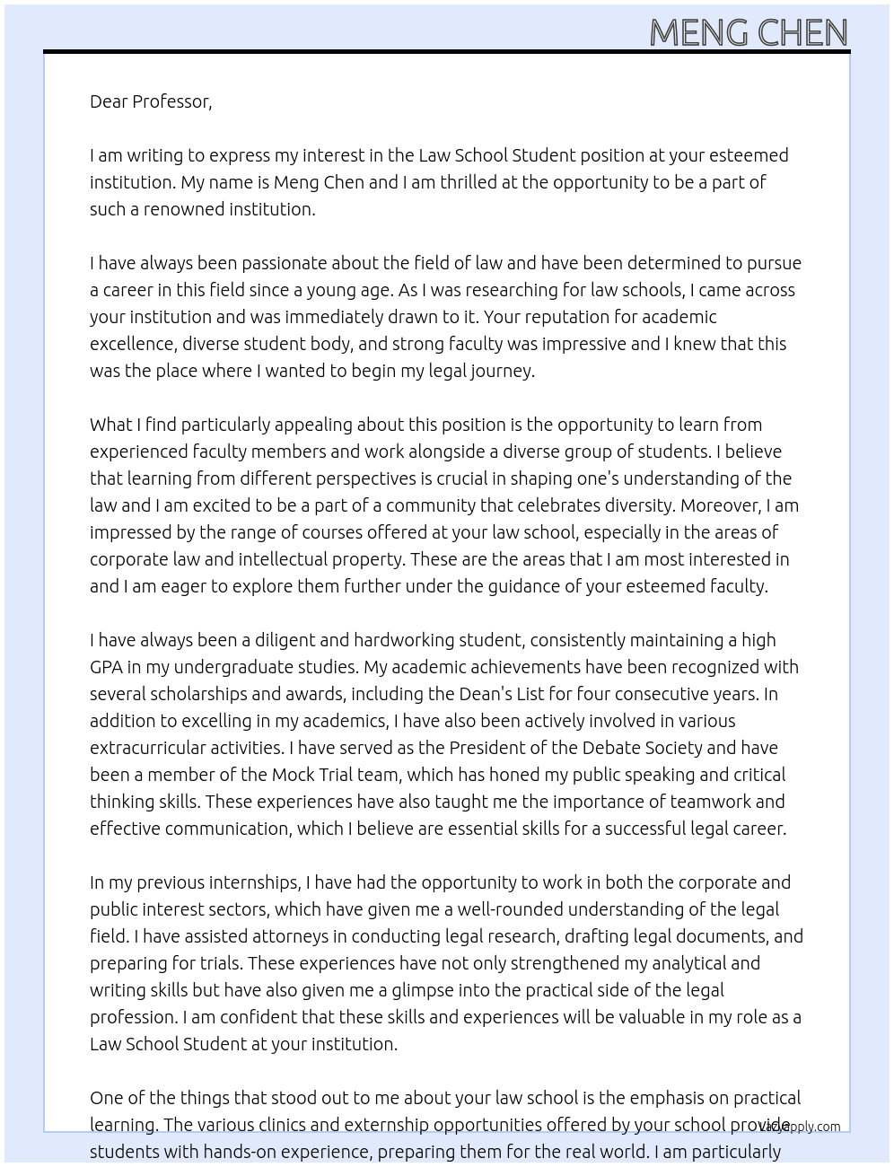Law School Student At law school Cover Letter