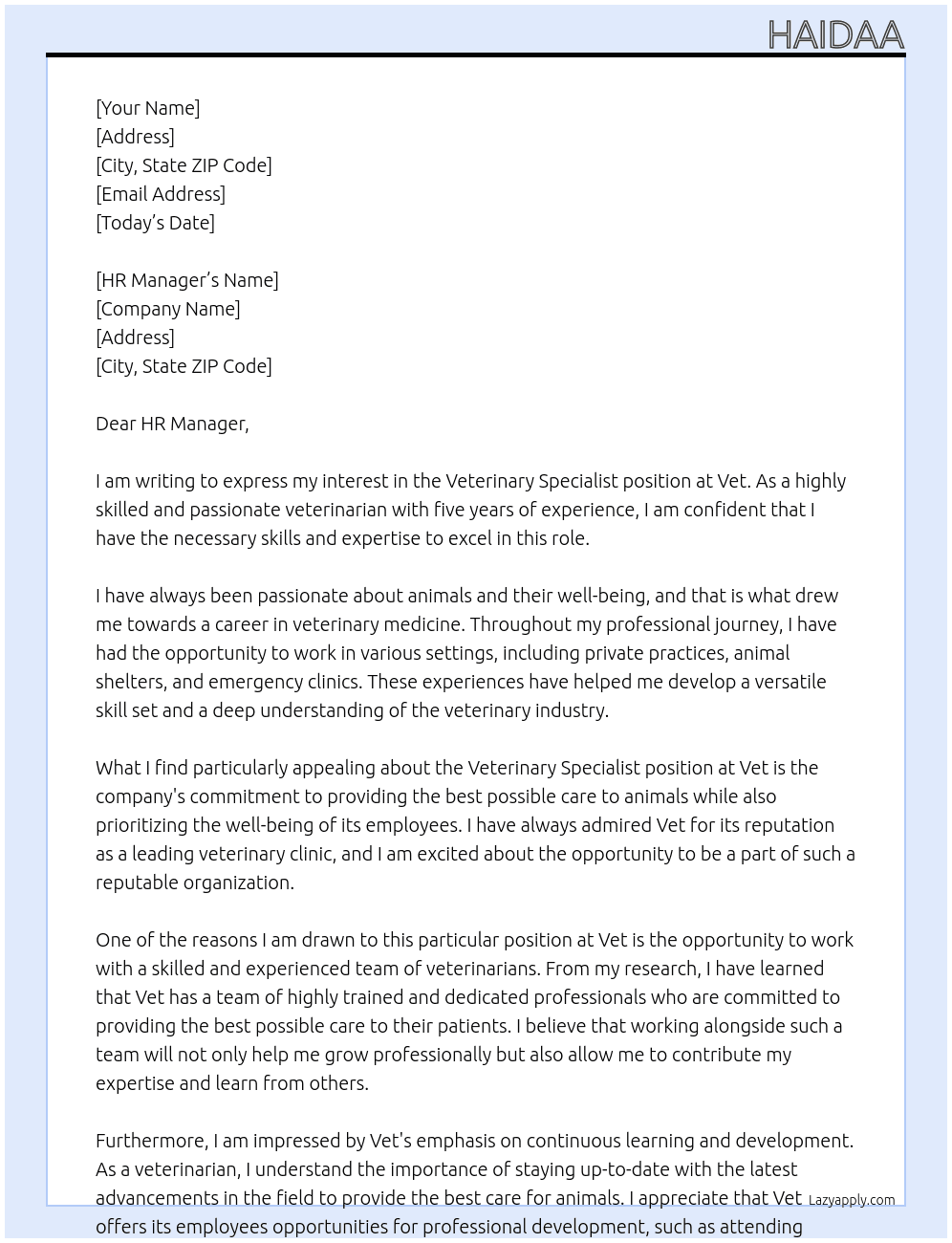 Veterinary Specialist At Vet Cover Letter