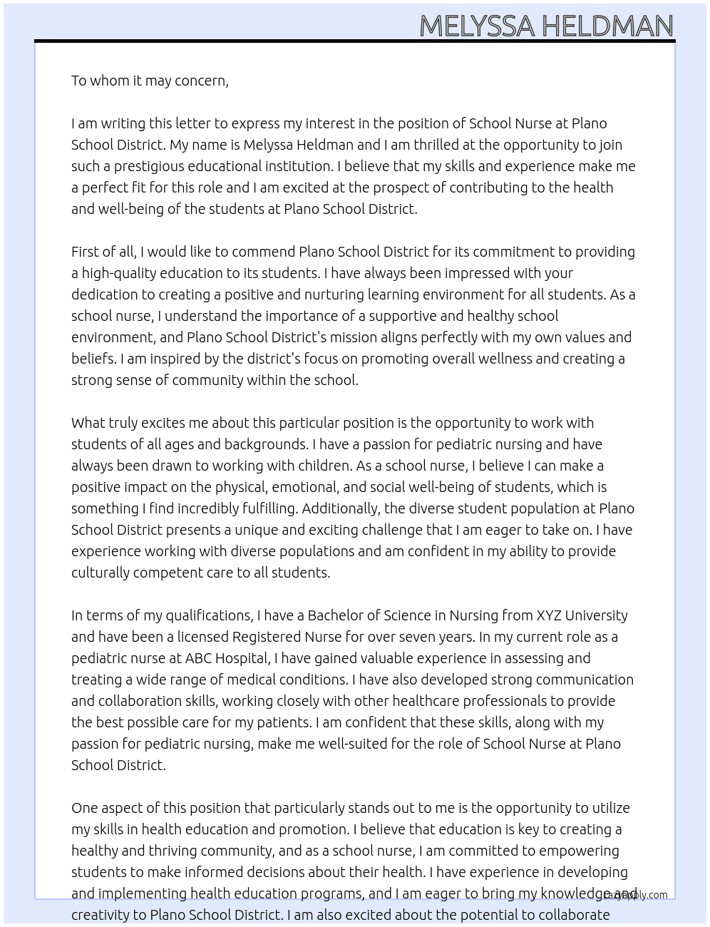 School Nurse At Plano School Disctrict Cover Letter