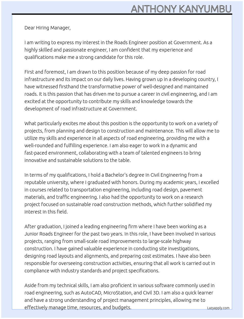 Roads Engineer At Goverment Cover Letter