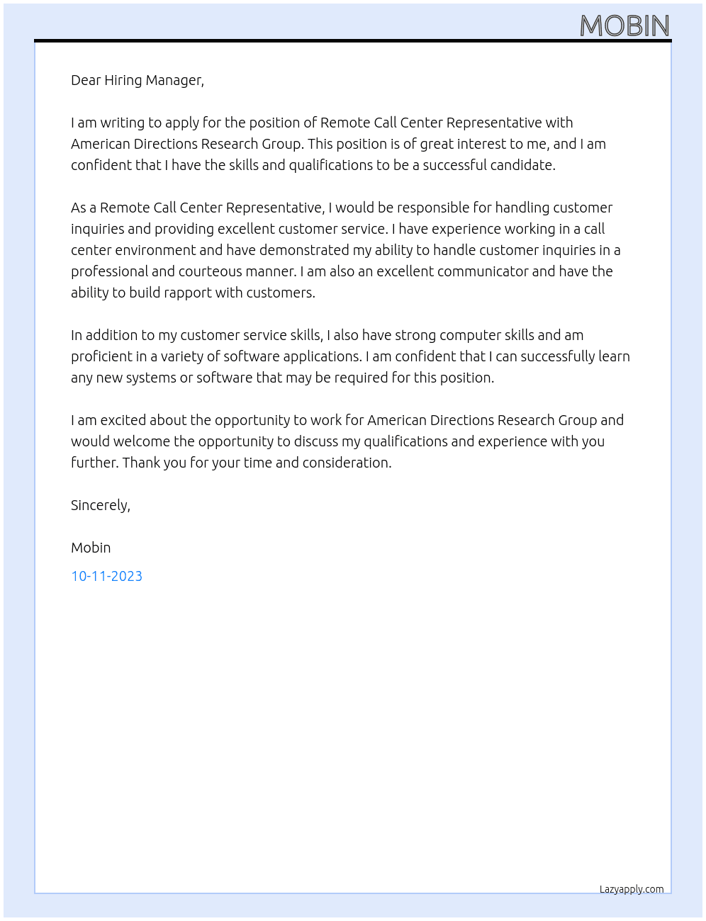 Remote Call Center Representative At American Directions Research Group Cover Letter