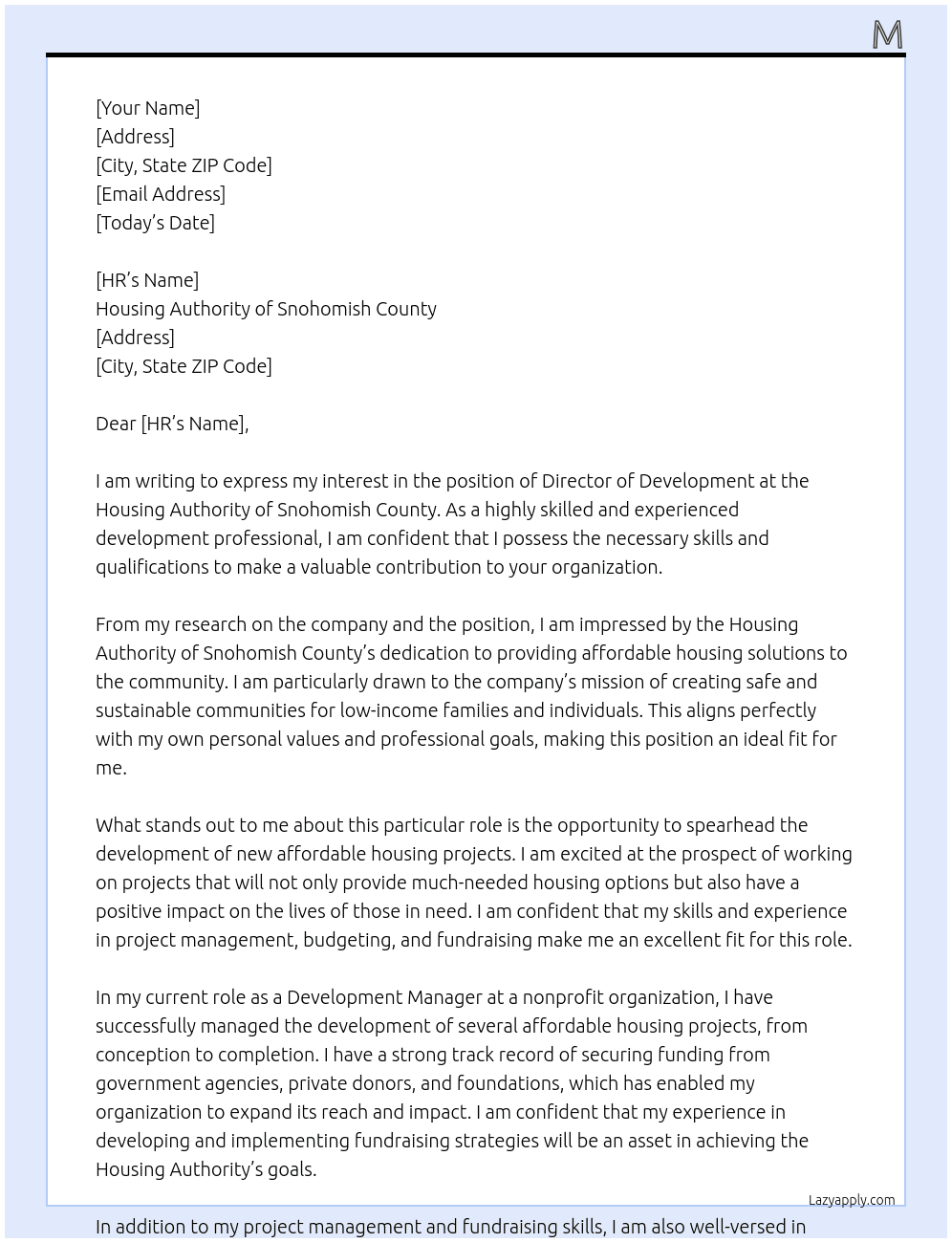 Director of Development At Housing Authority of Snohomish County Cover Letter
