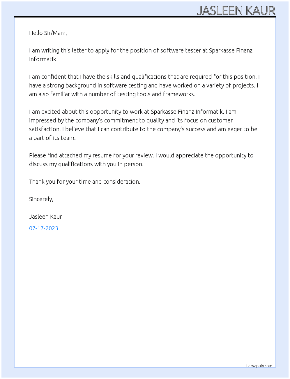software Tester At Sparkasse Finanz Informatik Cover Letter