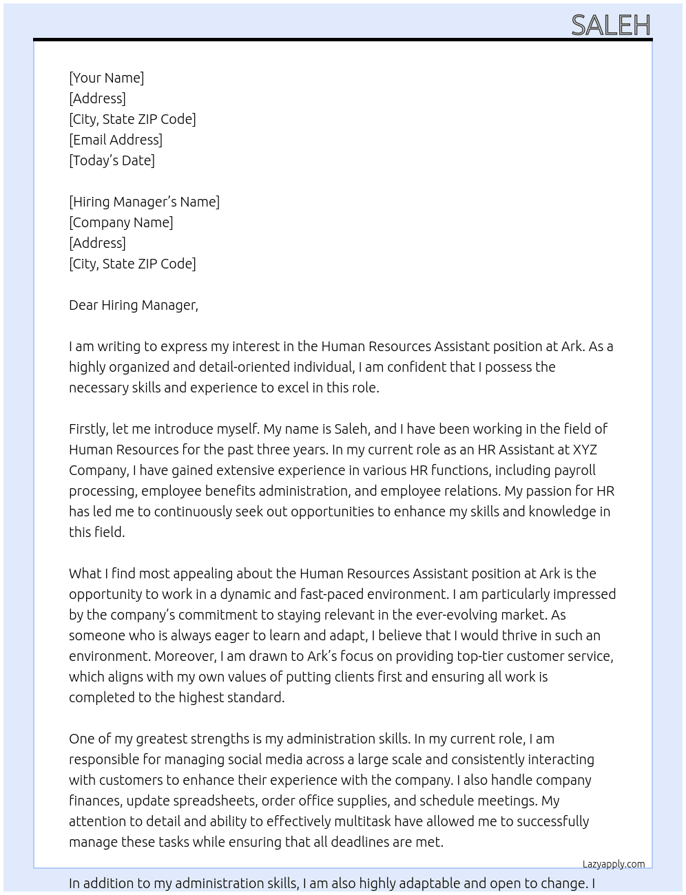 Human Resources Assistant  At Ark Cover Letter