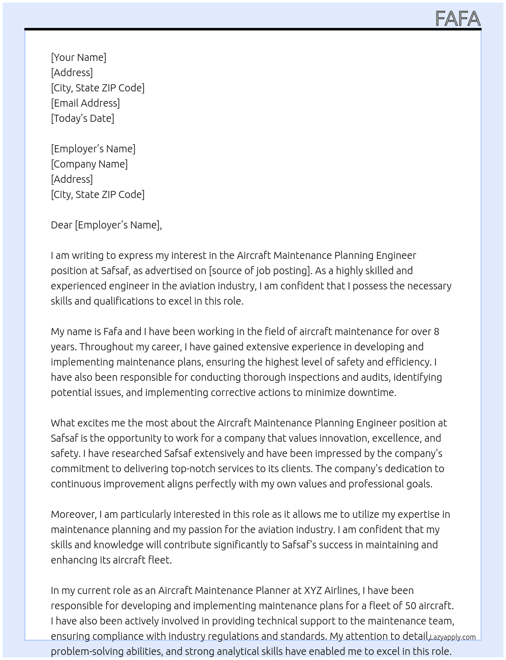 aircraft maintenance planning engineer At safsaf Cover Letter