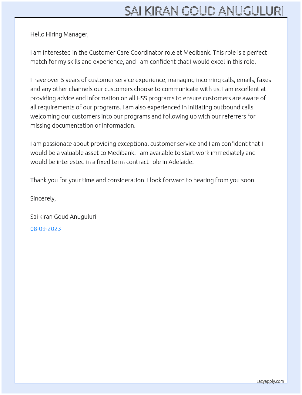 Customer Care Coordinator At Medibank Cover Letter