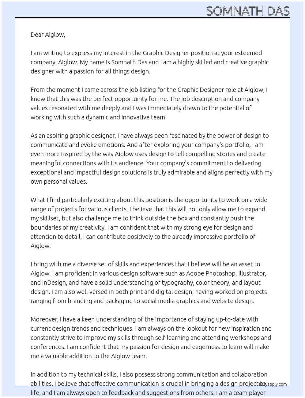 Graphic Designer At Aiglow Cover Letter