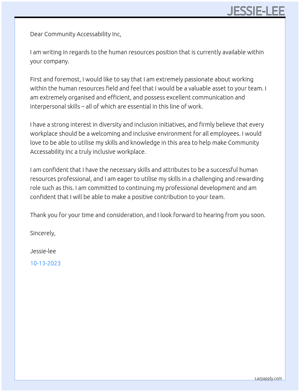 Human Resources offices At Community Accessability Inc Cover Letter
