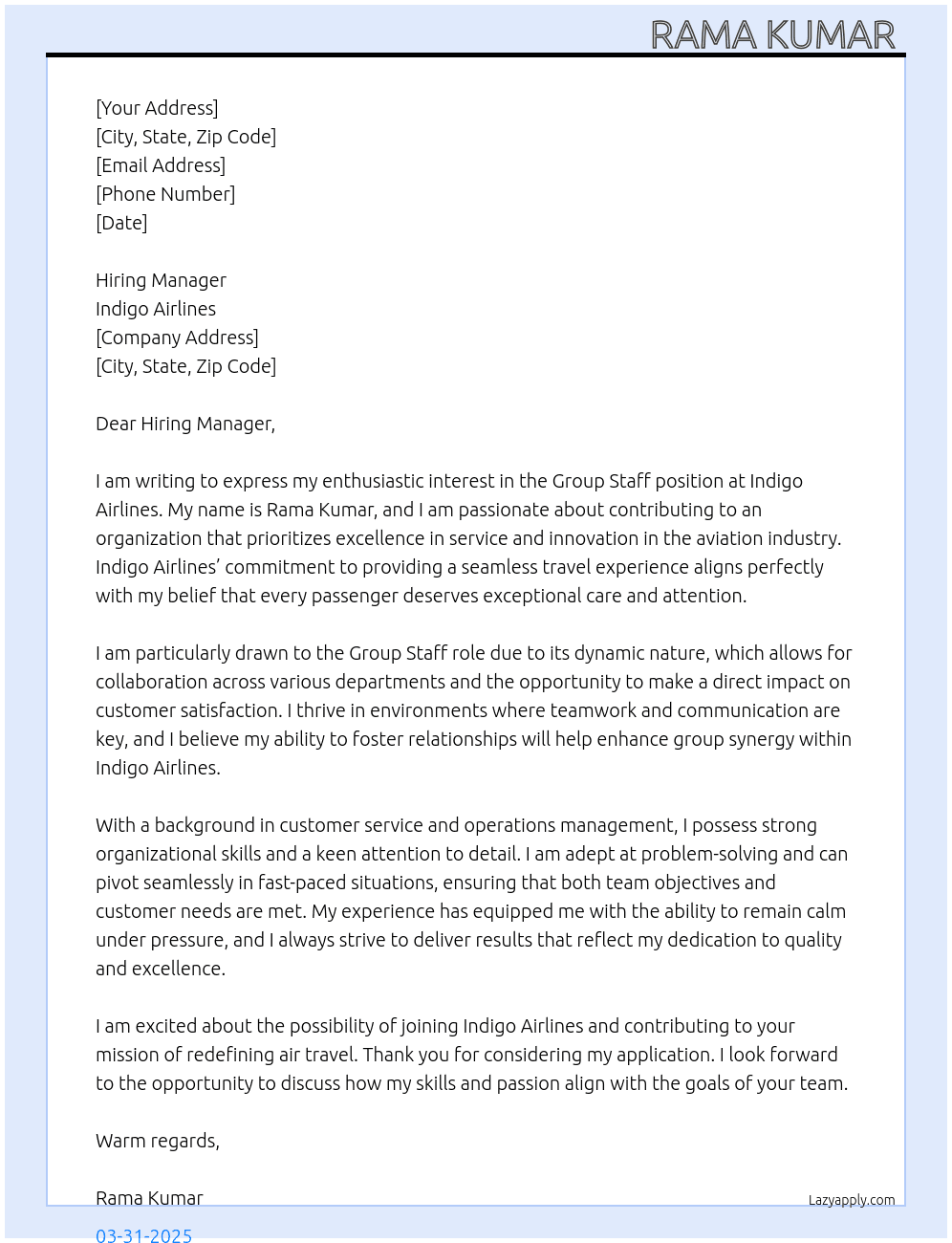 Group staff At Indigo Airlines Cover Letter