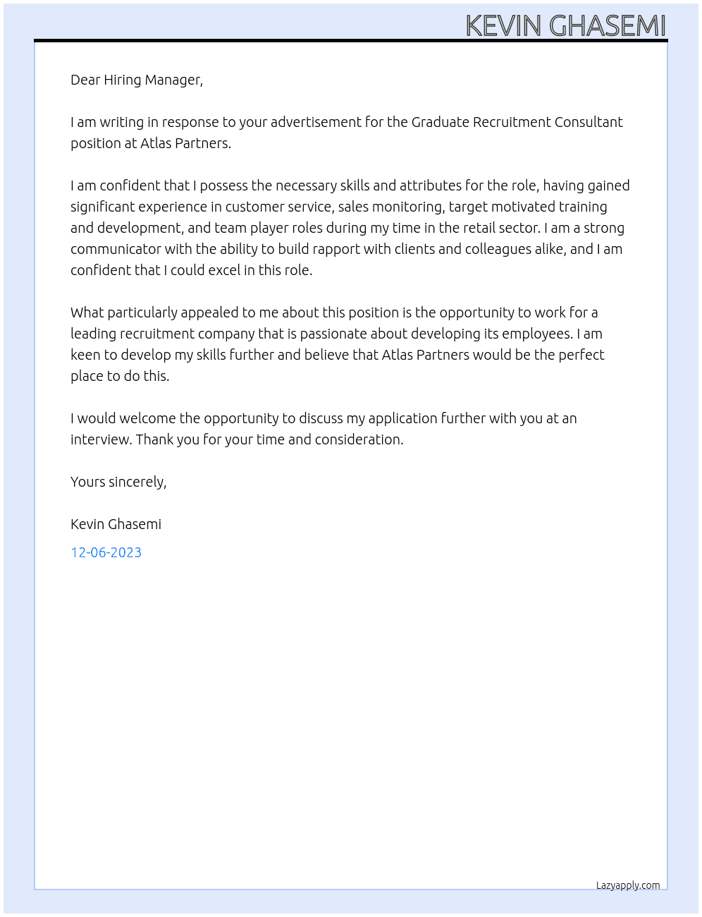 Graduate Recruitment Consultant At Atlas Partners Cover Letter