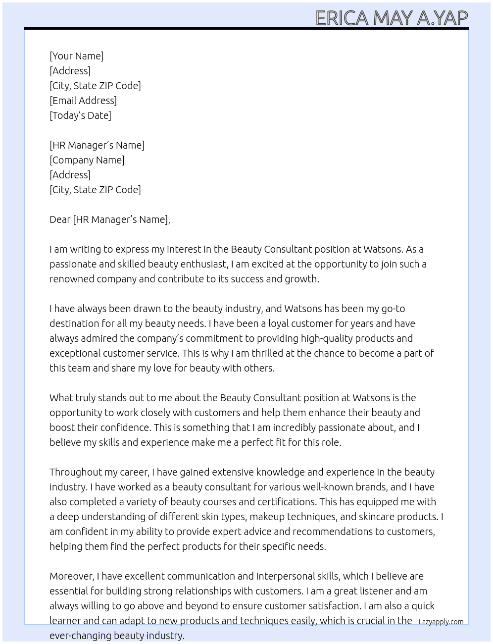 Beauty Consultant  At Watsons Cover Letter