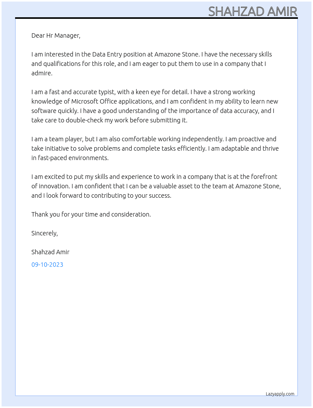Data Entry At Amazone Stone Cover Letter
