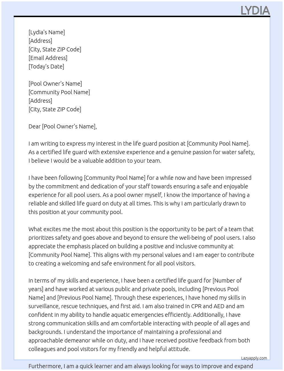 life guard  At community pool Cover Letter