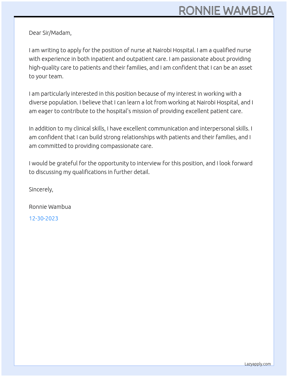 nurse At Nairobi Hospital Cover Letter