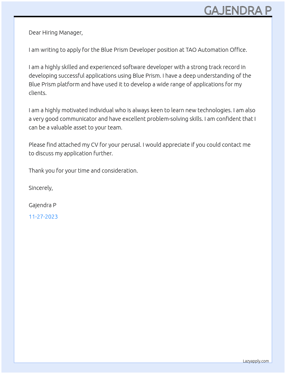 Blue Prism Developer At TAO Automation Office  Cover Letter